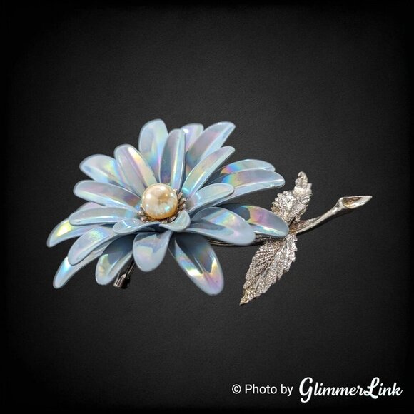 Vintage Coro Iridescent Blue Enamel Faux Pearl Silver Tone Brooch - Picture 4 of 9